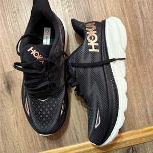 NEW! Hoka Clifton 9 Black and Gold Sneakers